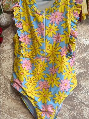 Bright Floral Ruffle One-Piece Swimsuit - Yellow & Pink Flowers on Blue